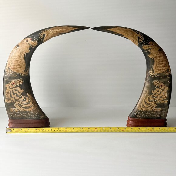 Vintage Hand-Carved Water Buffalo Horn Pair Dragon & Tiger Asian Art Decor - Picture 9 of 11